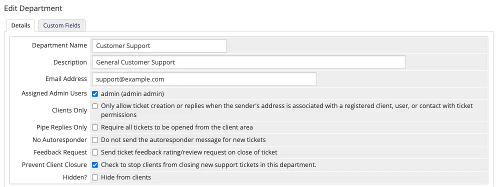 Configuration > System Settings > Support Departments