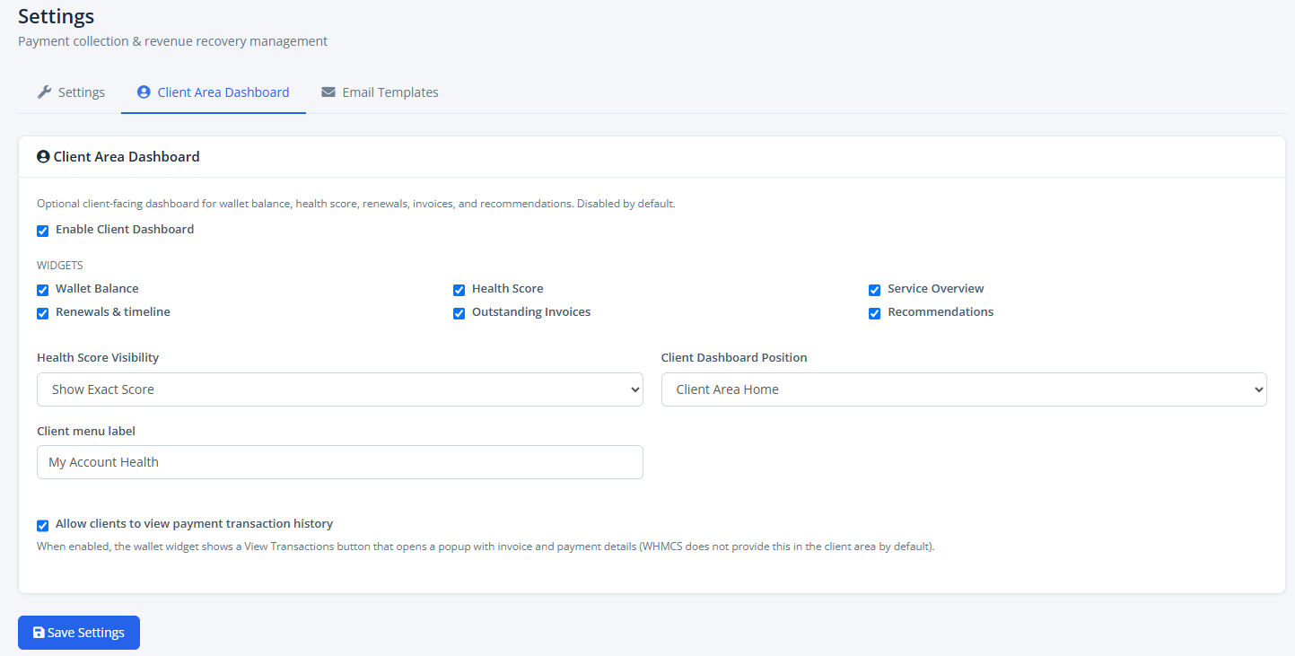 Client-Area-Widget-Setting