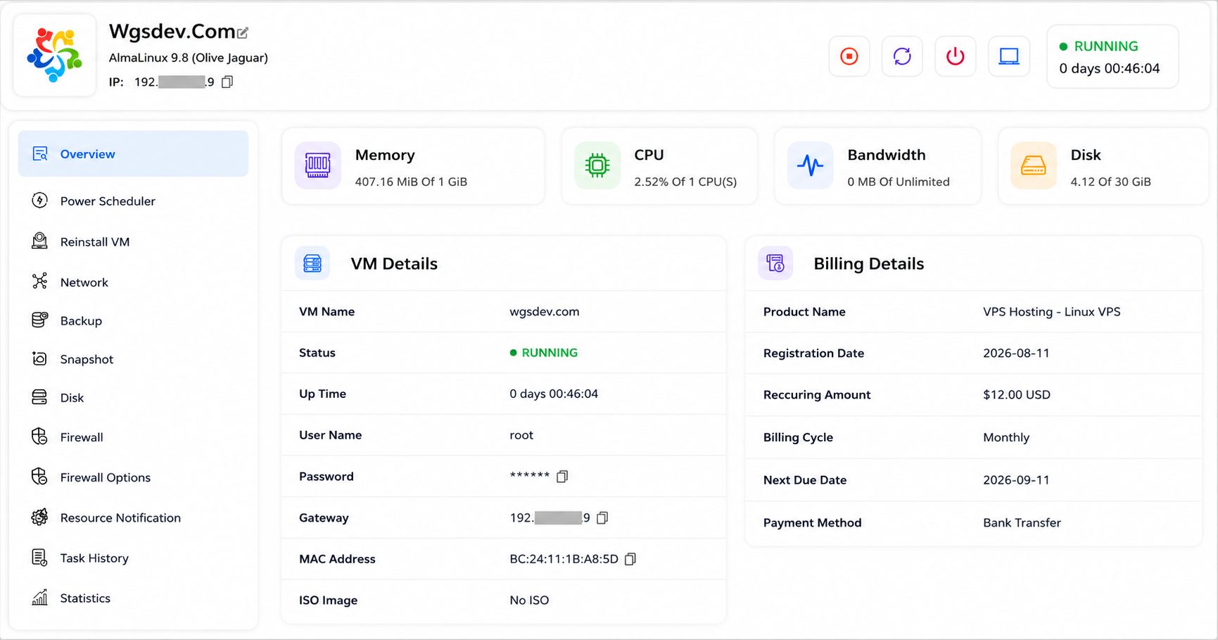proxmox server information clientarea