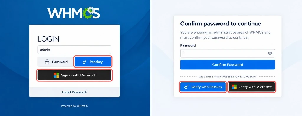 Admin login and password confirmation